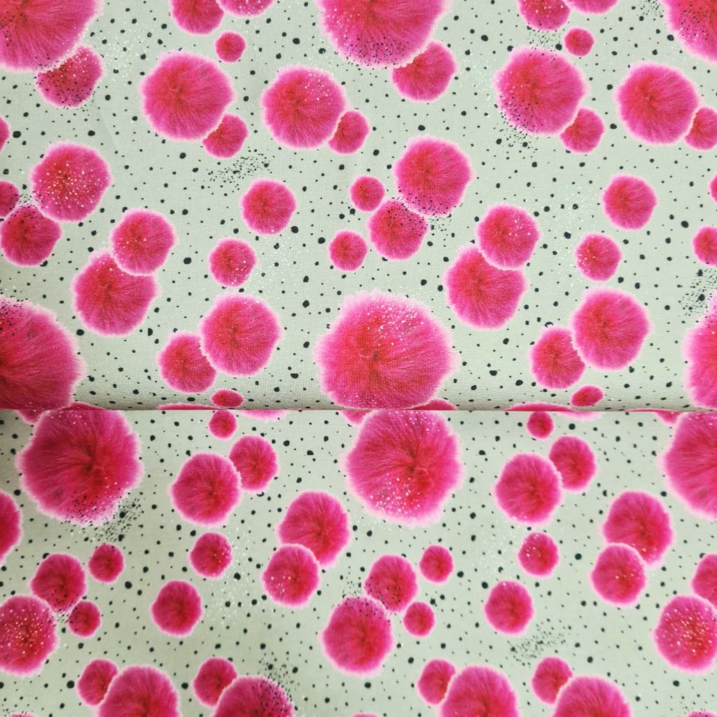 Lillestoff - Baumwolljersey - Motivjersey - Panel ca. 80cm x 150cm - Pinke Bommel auf Taupe