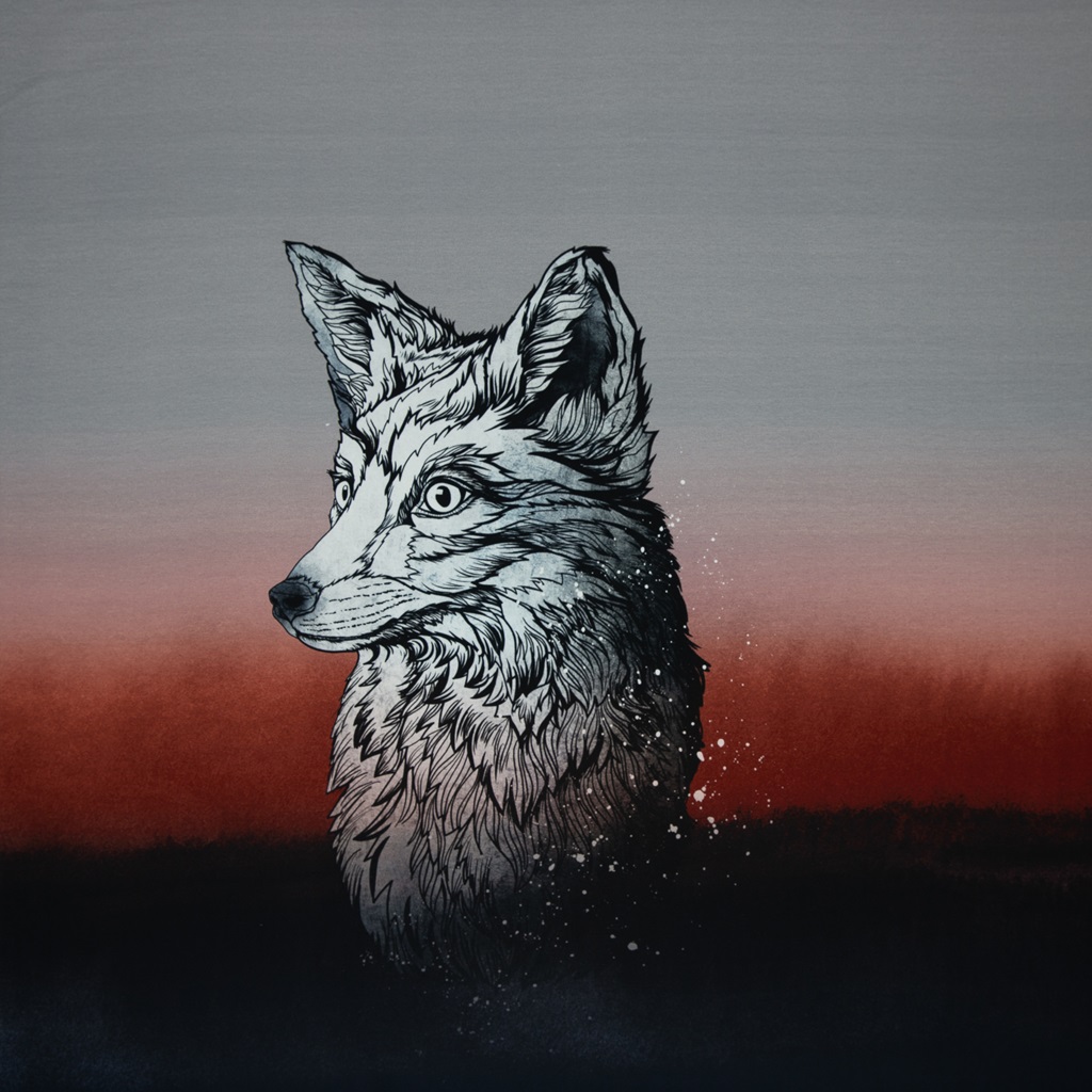 French Terry - Sommersweat Stoff - Swafing - Panel - Sunset by Thorsten Berger - Wolfskopf auf Grau/Rot - 85cm x 155cm