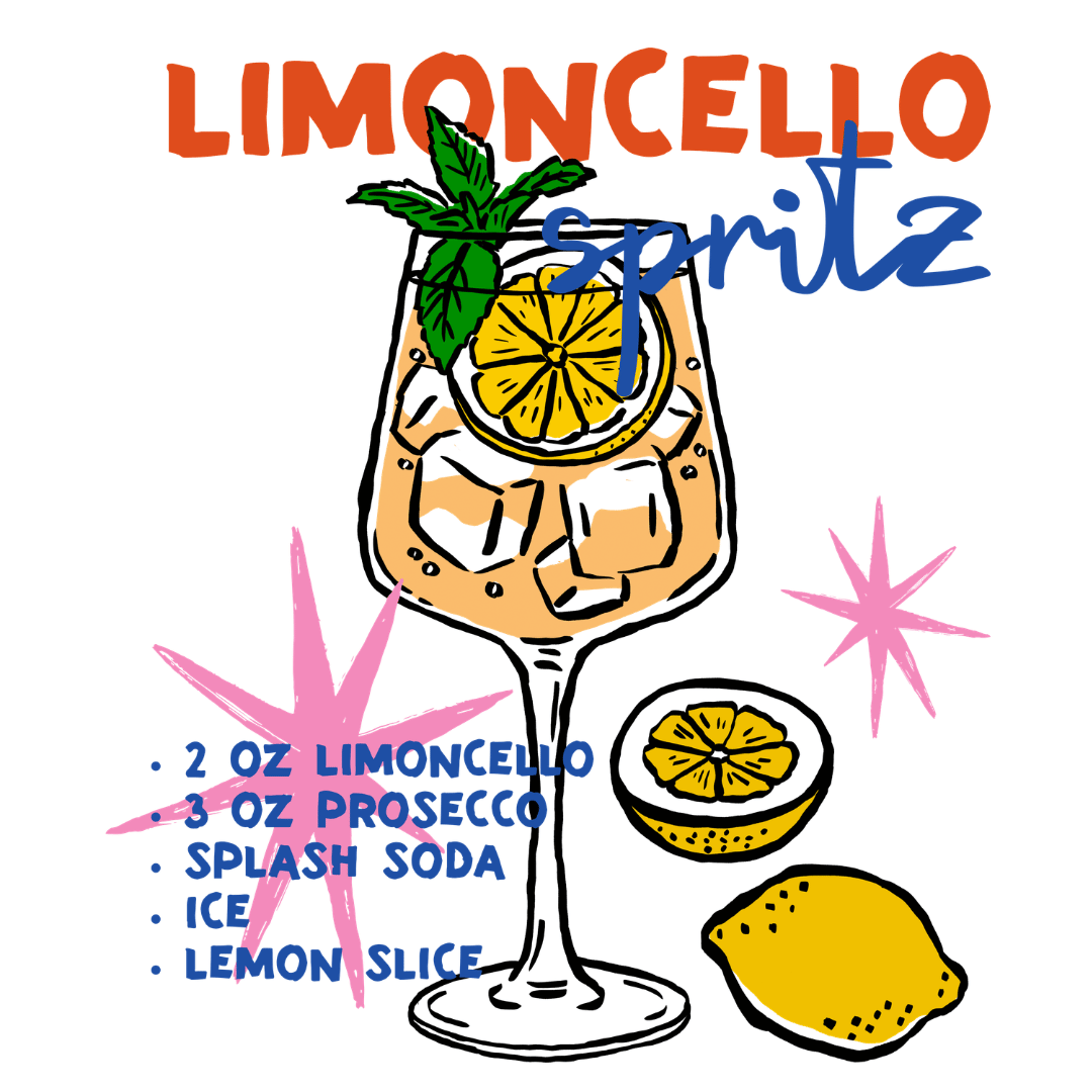 Farbenfrohes Bügelbild mit einem Glas Limoncello Spritz, Zitronen und Rezept-Zutaten in modernem Illustrations-Stil.