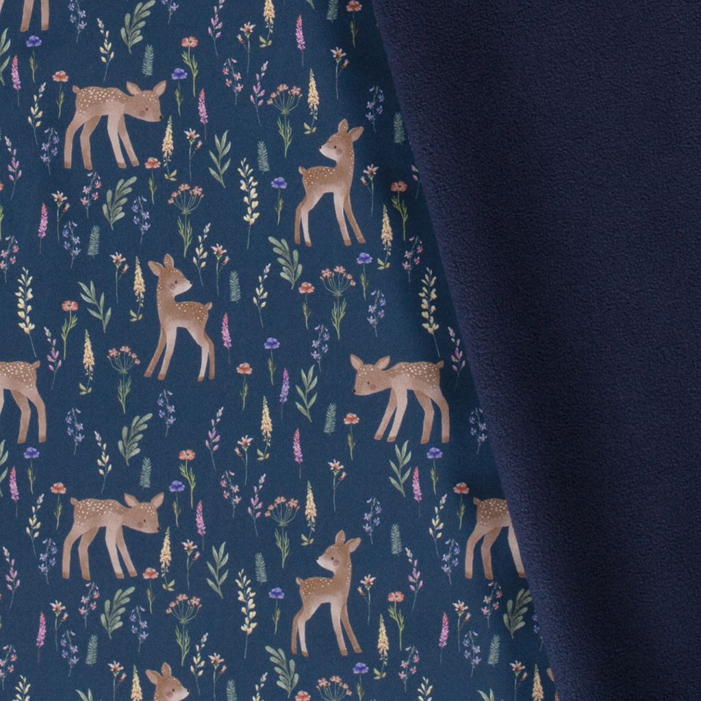 Softshell mit Plüschabseite - Rehe mit Blumen auf Marine