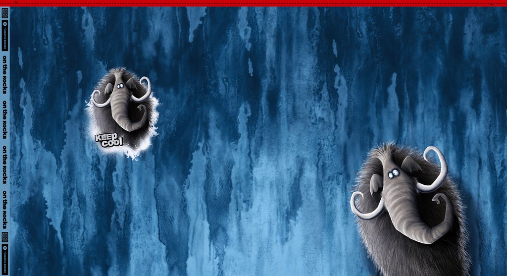 Hochwertiges Sweat-Panel von Thorsten Berger aus der "On the Rocks" Kollektion, Motiv zotteliges Mammut mit großen Stoßzähnen und "Keep Cool" Schriftzug auf jeansblauem Grund in Aquarell-Optik, Baumwoll-Sweat 85cm x 150cm