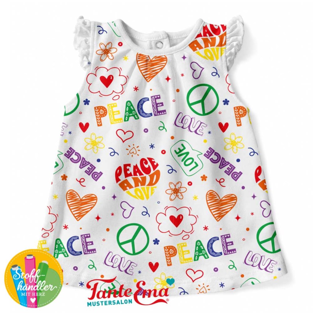 Baumwolljersey - Motivjersey - Tante Ema - Digitaldruck - Love and Peace - Bunte Schrift auf Weiß