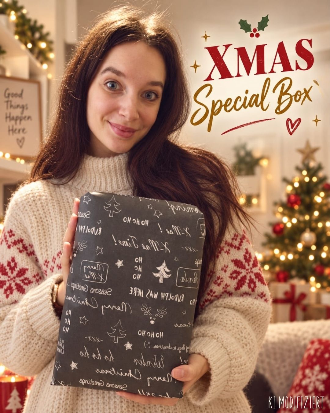 orbestellung XMAS Special Box Frauen von Schnuckidu gefüllt mit exklusiven Stoffen, Kombistoffen, Bündchen und passendem Tüddelband sowie Label vor weihnachtlichem Hintergrund.