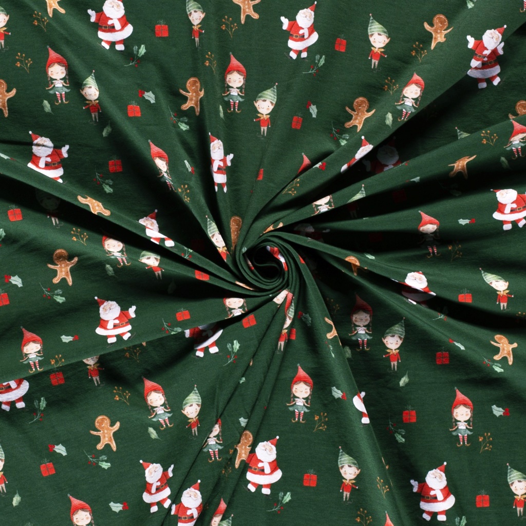 Baumwolljersey - Jersey Stoff - Motivjersey - Weihnachten - Weihnachtsmann und Wichtelkinder auf Waldgrün Stoffrest 175cm