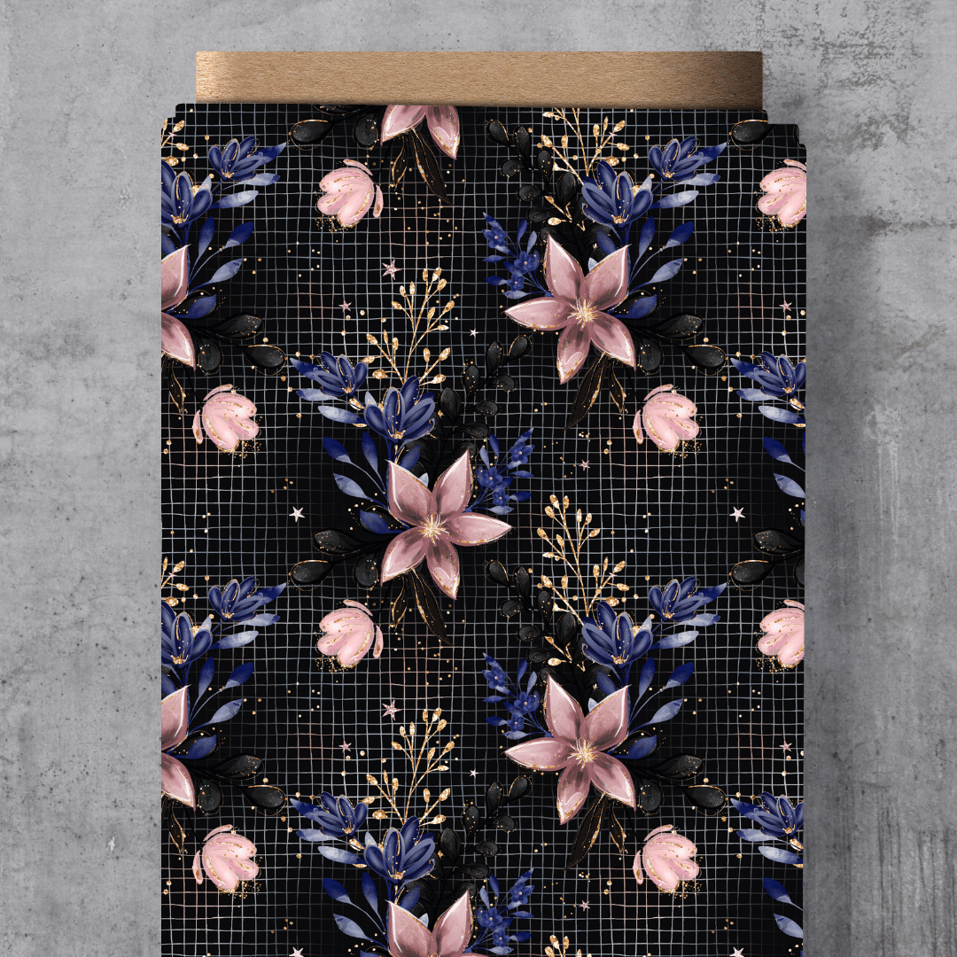 Sofortkauf - Jersey - Eigendesign - Midnight Flowers Karo 85cm