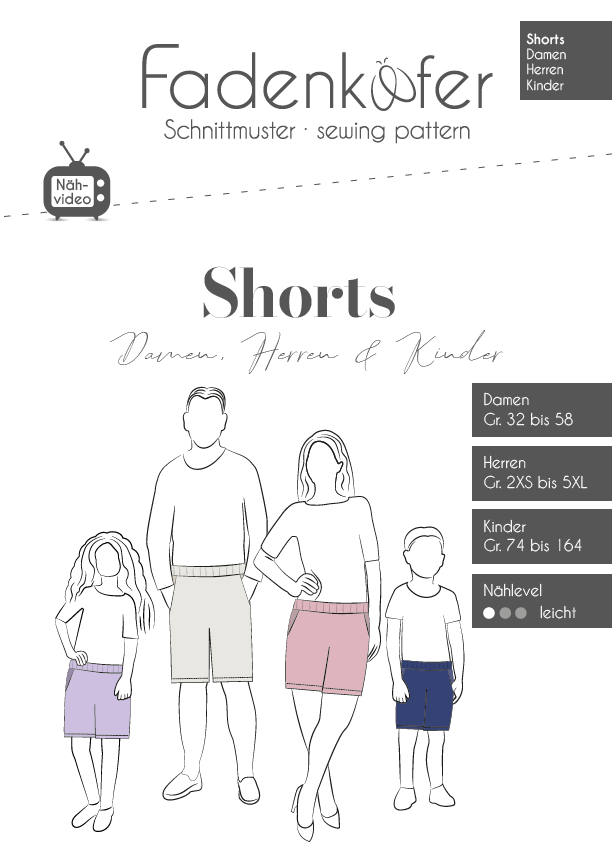 Fadenkäfer Papierschnittmuster für Shorts im Familien-Set für Damen, Herren und Kinder, inklusive Gummibund, zwei Längen und Taschen.