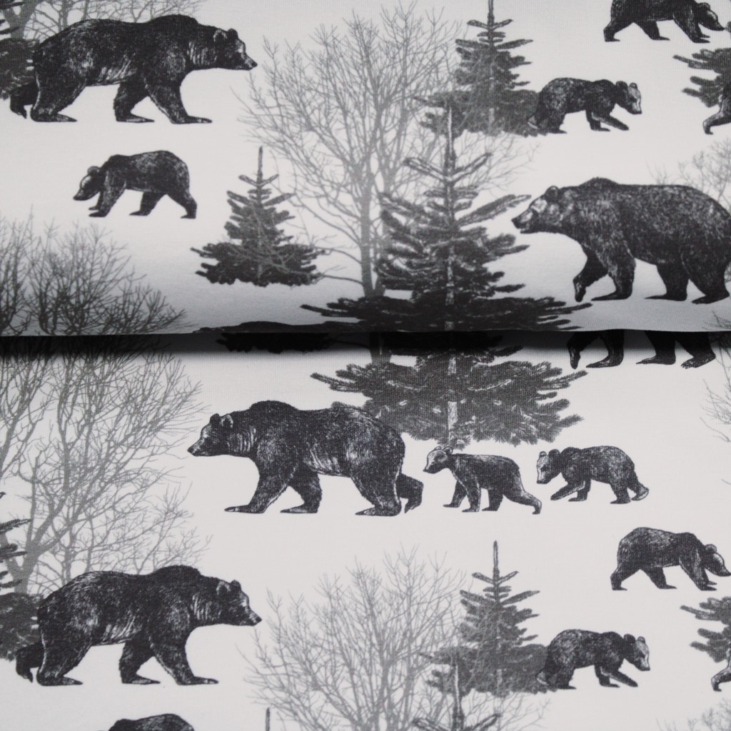 French Terry - Sommersweat - Digitaldruck - Bärenfamilie im Wald auf Ecru