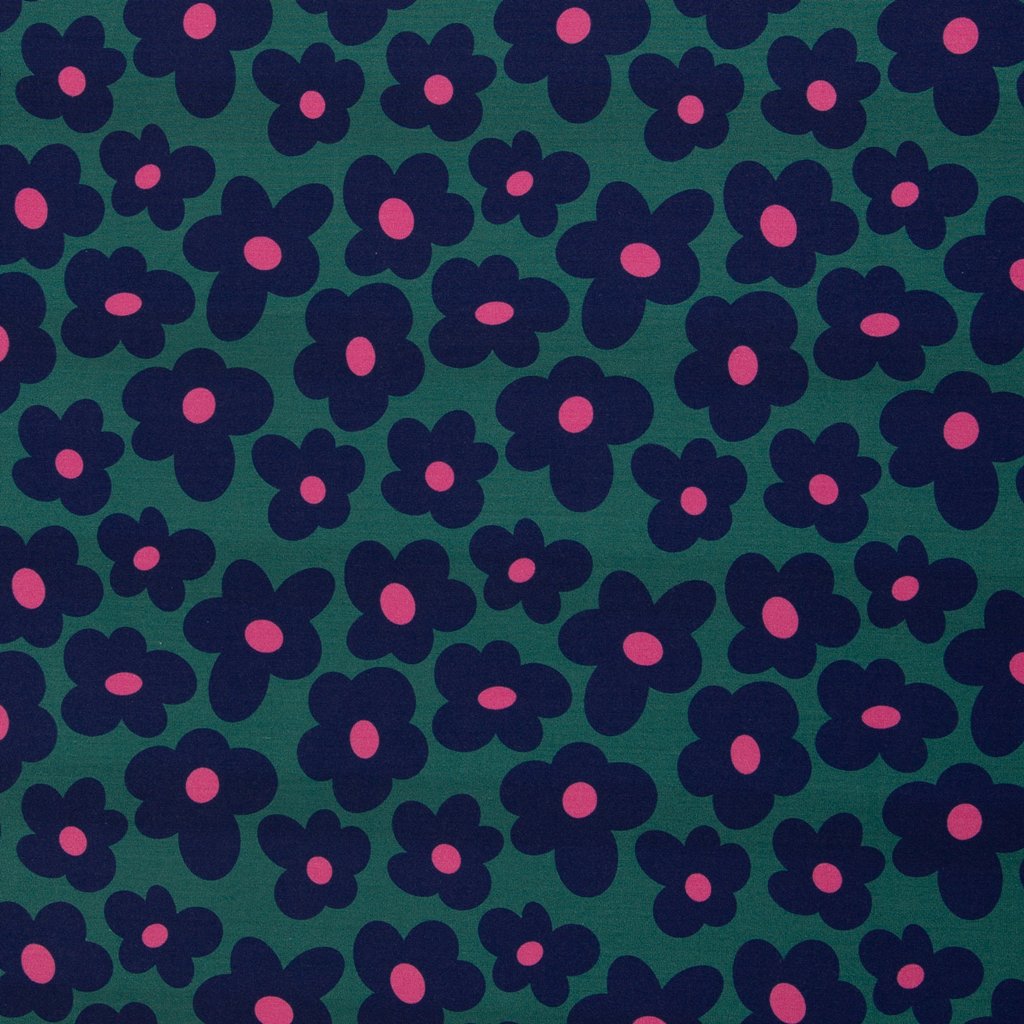 Premium Viskosejersey "Happy Flowers" von Cherry Picking für Swafing, farbenfrohes Blumenmuster mit großen Blüten in Pink, Orange und Blau auf dunkelblauem (Navy) Grund, 97% Viskose & 3% Elasthan, herrlich weich