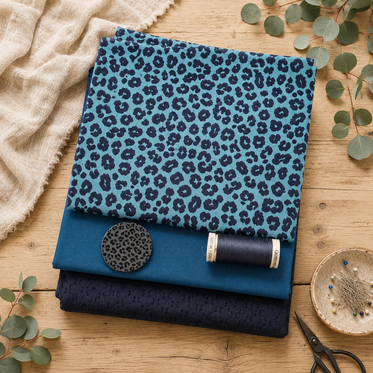 Limitierte Näh-Box "Leo Aqua" mit animalischem Motivstoff, unifarbenem Stoff, edlem Samt, Gütermann Allesnäher und passendem Label.
