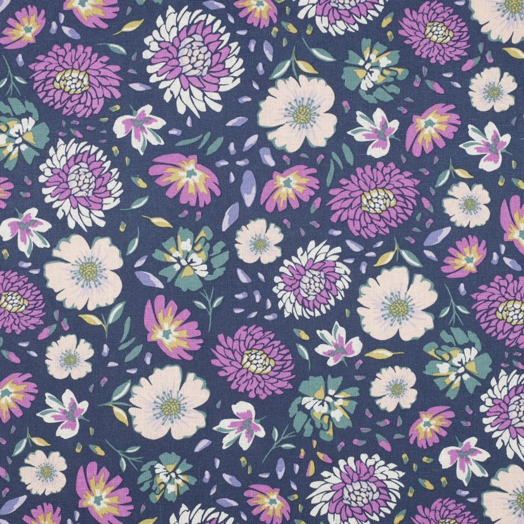 Hochwertiger Viskose-Leinen-Mix mit bunten Blumen auf marineblauem Grund, 55% Leinen 45% Viskose, 180g/m², luftiger Kleiderstoff mit natürlicher Struktur