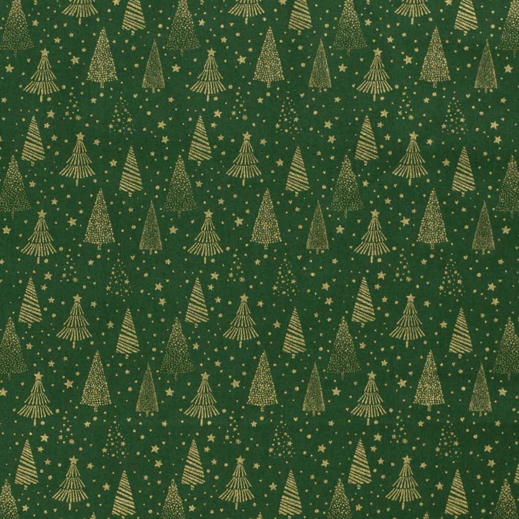 Webware - Baumwolle - Weihnachten - Tannenbäume in Gold auf Grün