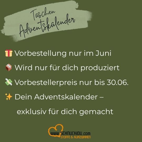 Taschen-Adventskalender 2025 von Schnuckidu® – DIY-Nähpaket mit Stoff, Zubehör & 24 kreativen Überraschungen - Vororder