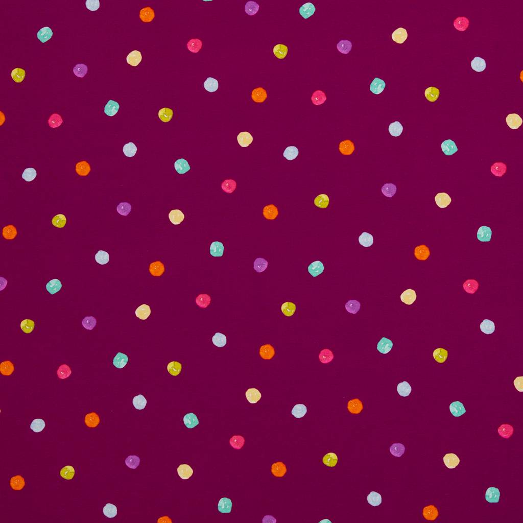 Swafing Baumwolljersey Flower Pop von Hip Som Hap, Design bunte Punkte auf bordeauxfarbenem Grund, 95% Baumwolle 5% Elasthan, Vorbestellung Juni 2026