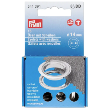 Prym Vario Creative Tool Ösen und Scheiben 14 mm in Silber – 15 Stück rostfreie Messing-Ösen inklusive passender Werkzeugeinsätze für das Vario Creative Tool.