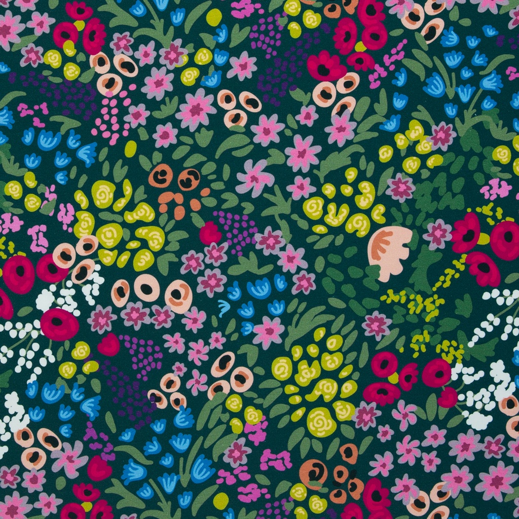 Hochwertiger Swafing French Terry Malibou mit buntem Blumenmeer auf dunkelblau-grünem Petrol-Grund, elastischer Sommersweat für Pullover und Kleider