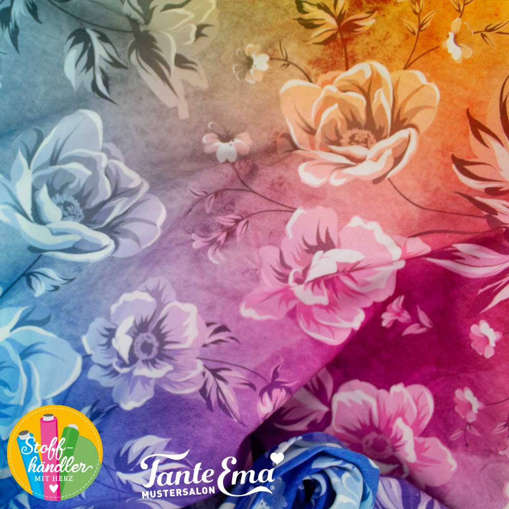 Baumwolljersey - Motivjersey - Tante Ema - Digitaldruck - Blumen auf Regenbogenfarben 
