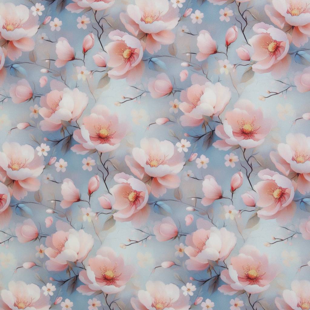 Swafing Oxfordgewebe Flowing Bloom by Sarah Mariam, florales Muster mit zarten Magnolienblüten in Rosa auf hellblauem Grund, 100% Polyester, Vorbestellung 2026