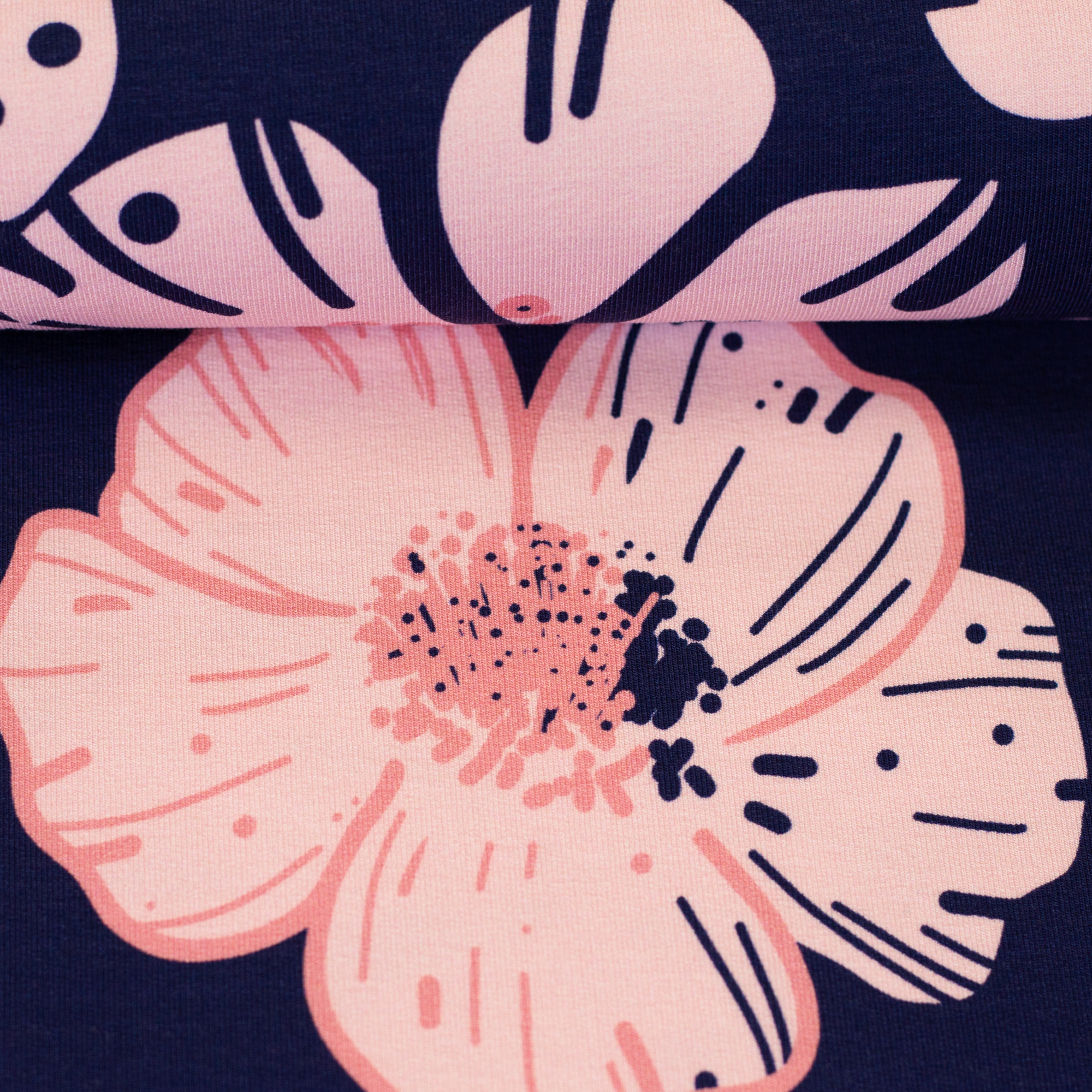 French Terry - Flower Dream Made by Colu - Blüten rosa/dunkelblau