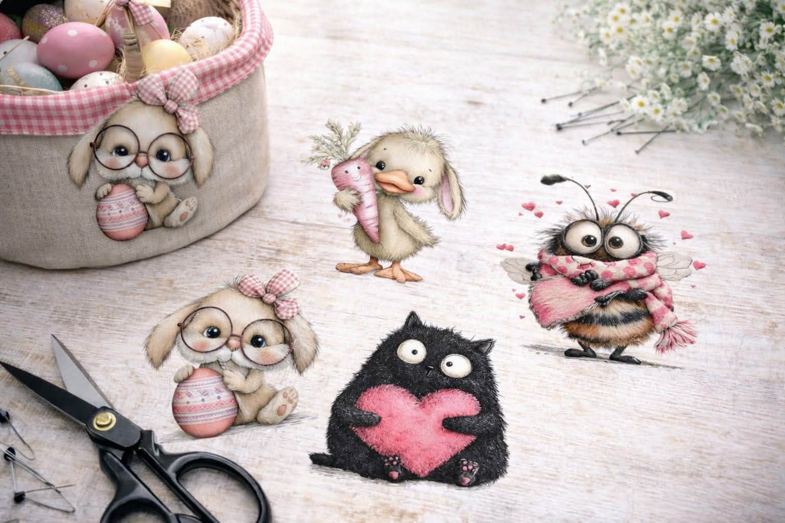 Niedliche Bügelbilder mit Hasen- und Tiermotiven zum einfachen Aufbügeln auf Kleidung und Taschen.