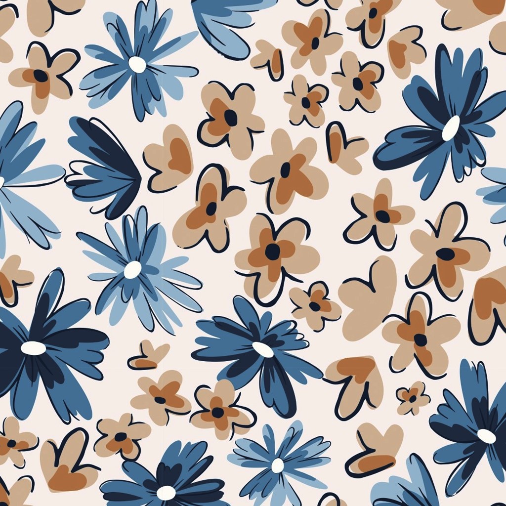 Baumwolljersey - Jersey Stoff - Motivjersey - Blüten in Blau und Beige auf Ecru