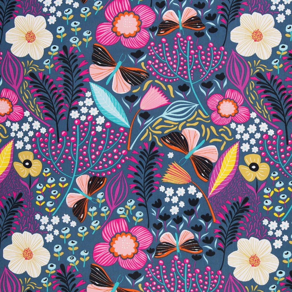 Beschichtete Baumwolle - Swafing - Leona - beschichtet - Blumen und Schmetterlinge auf Blau