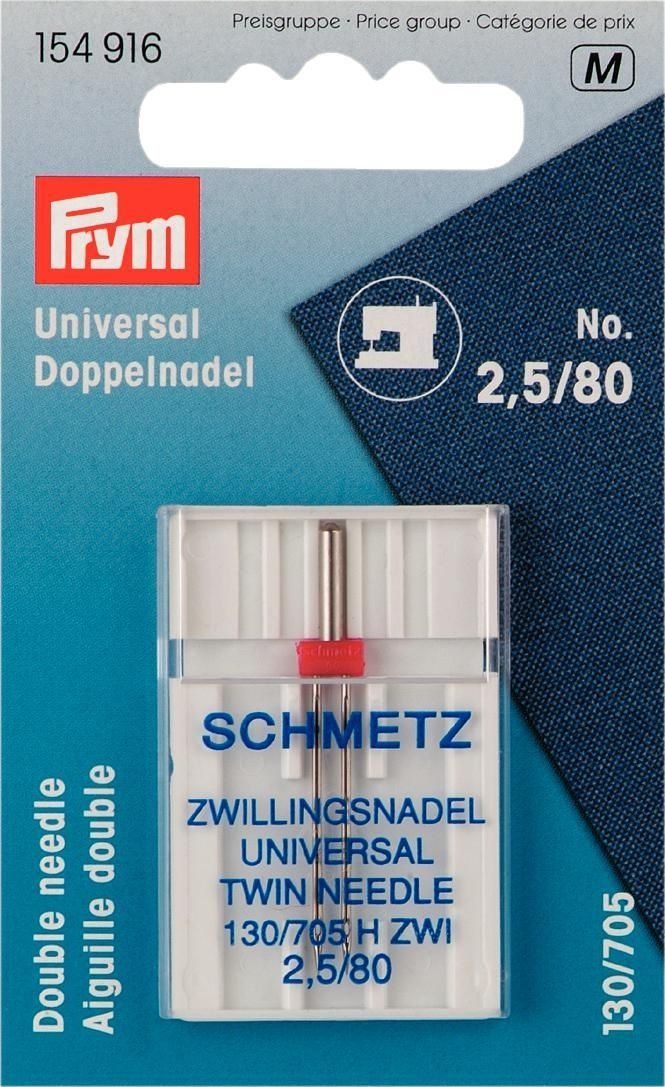 Prym Doppel-Nähmaschinennadel Universal (154916) – Zwillingsnadel mit 2,5 mm Nadelabstand und Stärke 80. Ideal für professionelle Ziernähte und Saumabschlüsse.