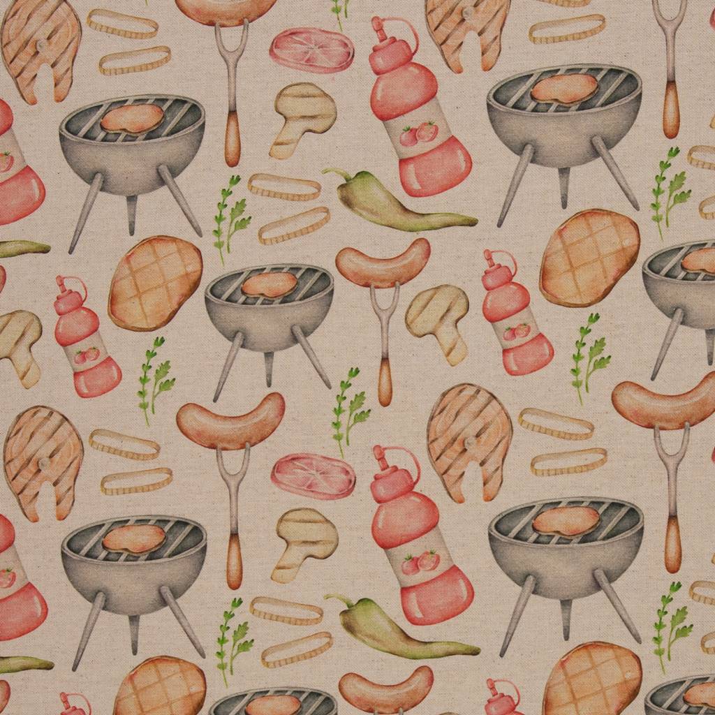 Robuster Canvas Dekostoff mit rustikalem BBQ- und Grill-Motiv, 100% Baumwolle, strapazierfähig & hitzebeständig für Grillschürzen, Tischsets und Garten-Deko
