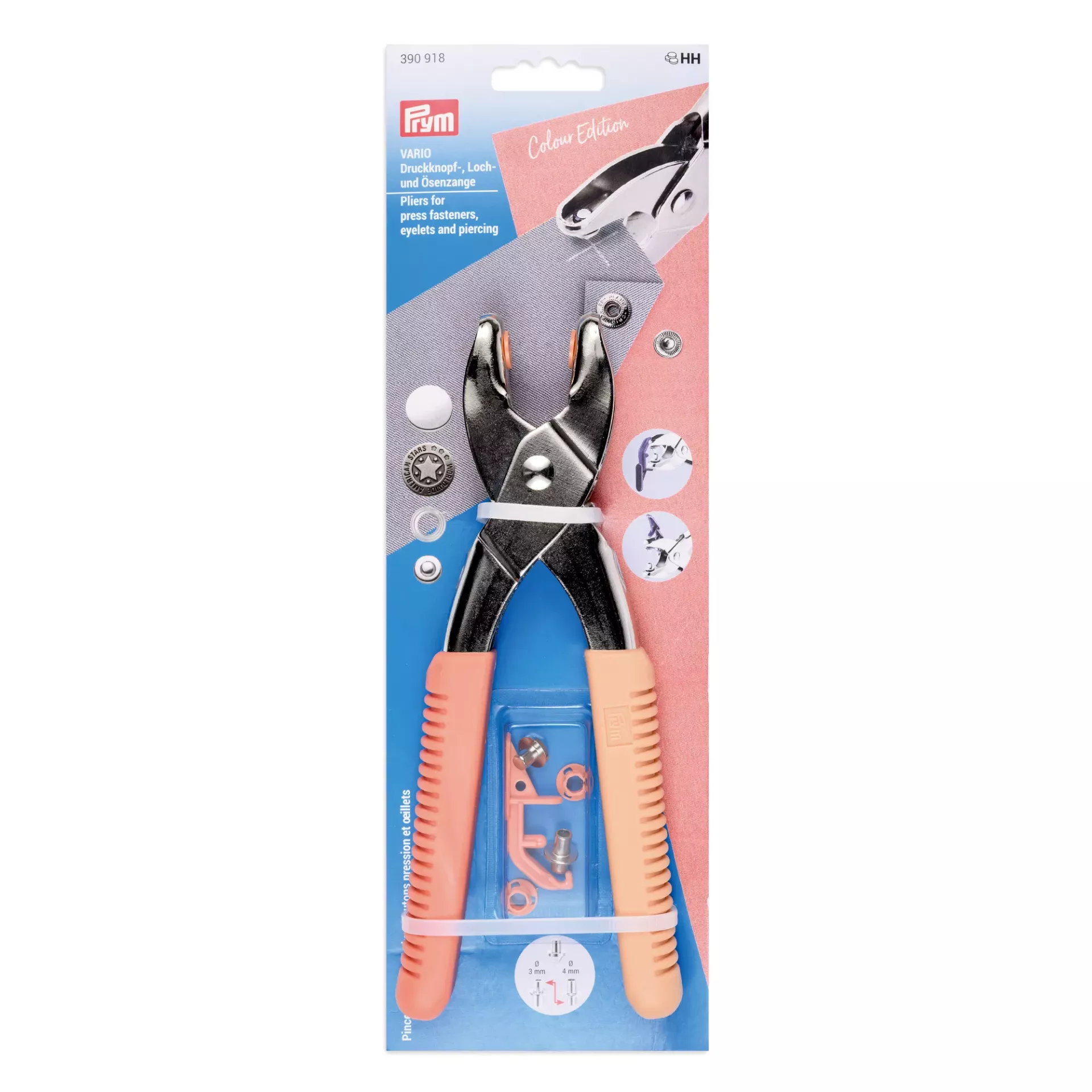 Prym Vario Druckknopf-, Loch- und Ösenzange Colour Edition in Aprikose (Artikelnummer 390918) zum Lochen und Vernieten von Ösen und Druckknöpfen.