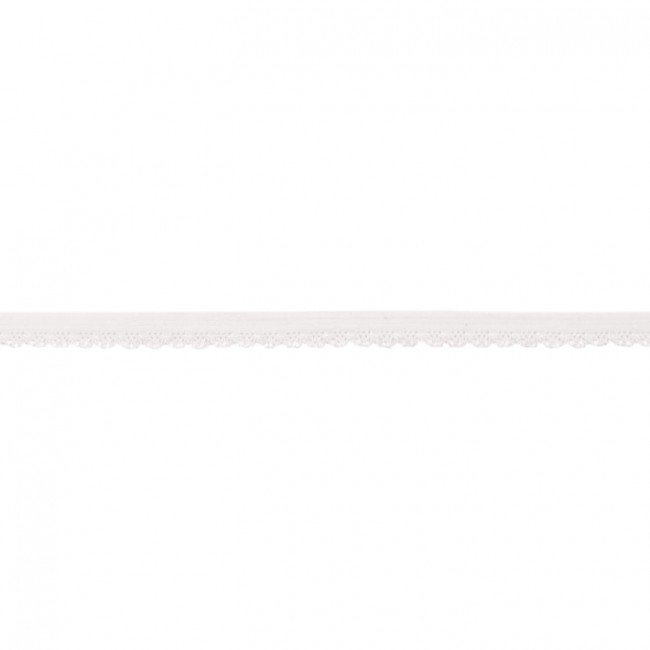 Elastische Spitze mit Bogenkante in Weiß, 11 mm Breite, hochwertige Meterware aus Polyester-Lycra-Mix für Brautmode, Lingerie und feine Abschlüsse.