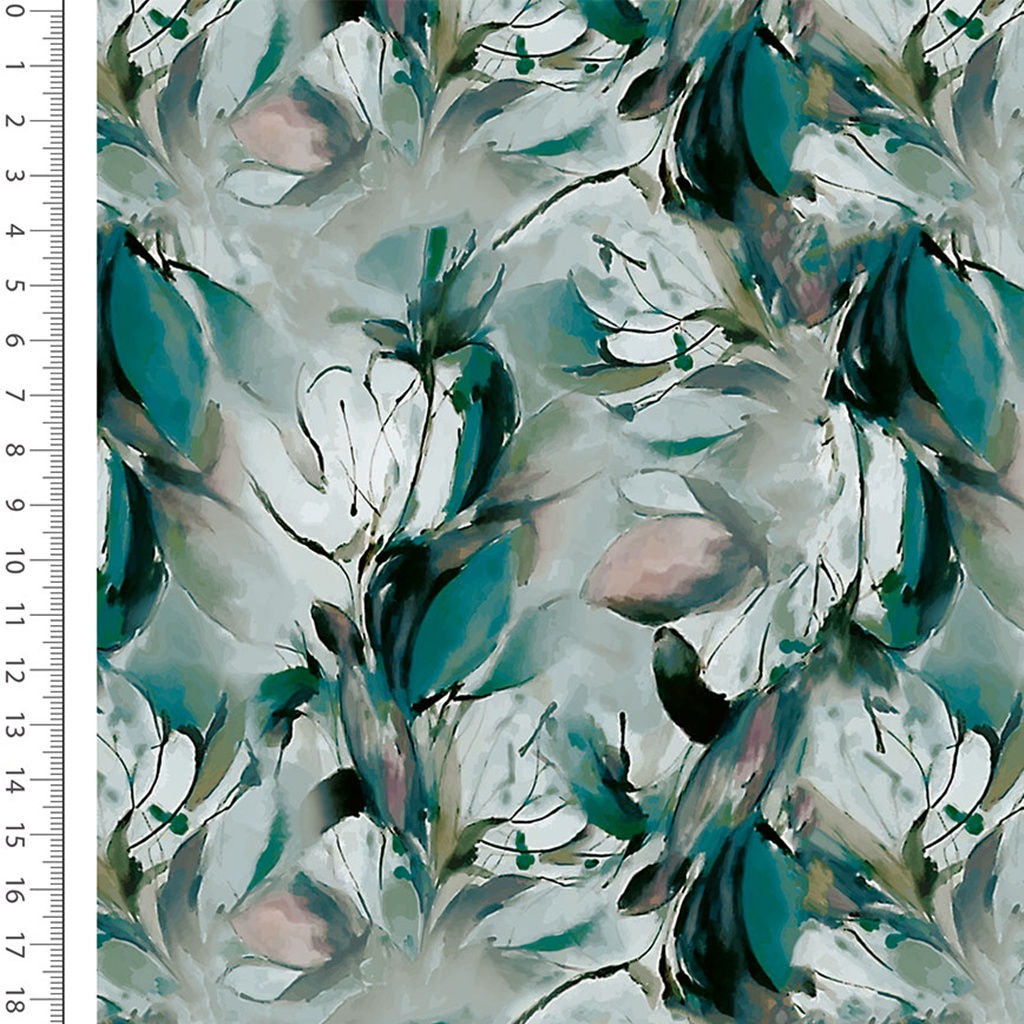 French Terry Digitaldruck Painted Flowers Altgrün – Sommersweat mit malerischen Blumen in Altgrün, Smaragd und zartem Rosa.