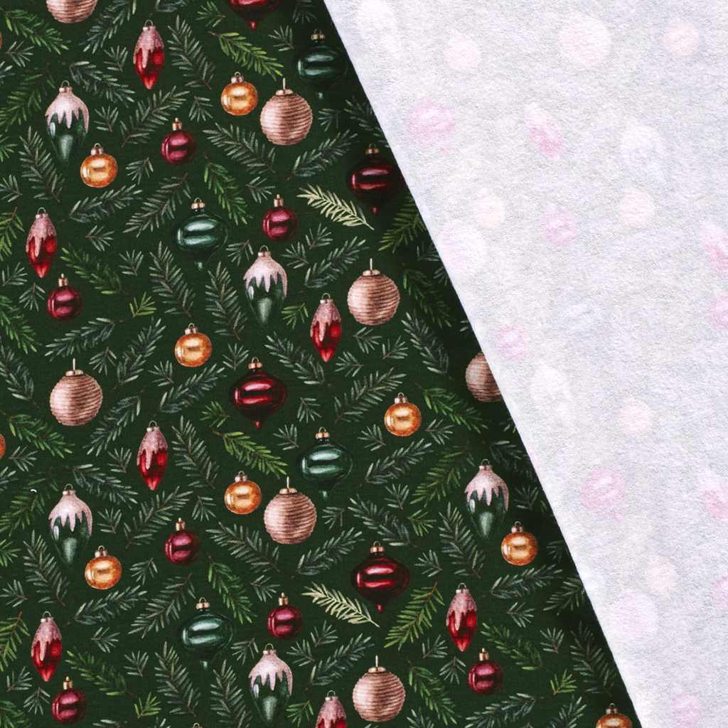 French Terry - leicht angeraut - Motiv Stoff - Weihnachten - Tannenzweige und Weihnachtsbaumkugeln auf Waldgrün
