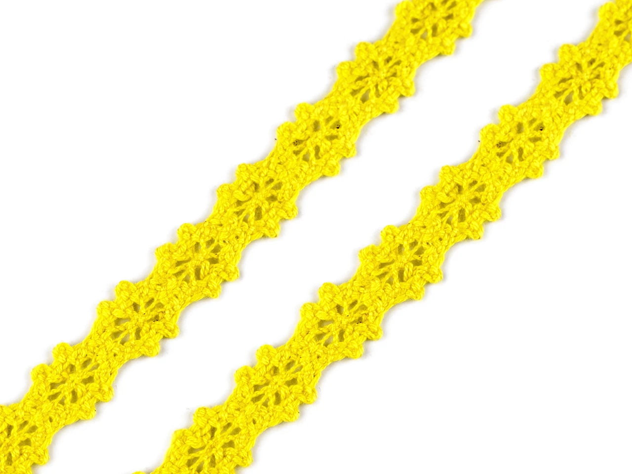 Filigrane Klöppelspitze aus 100% Baumwolle in Gelb, 12mm Breite, hochwertige Meterware für sonnige Deko, Kleidung und Vintage-Projekte.