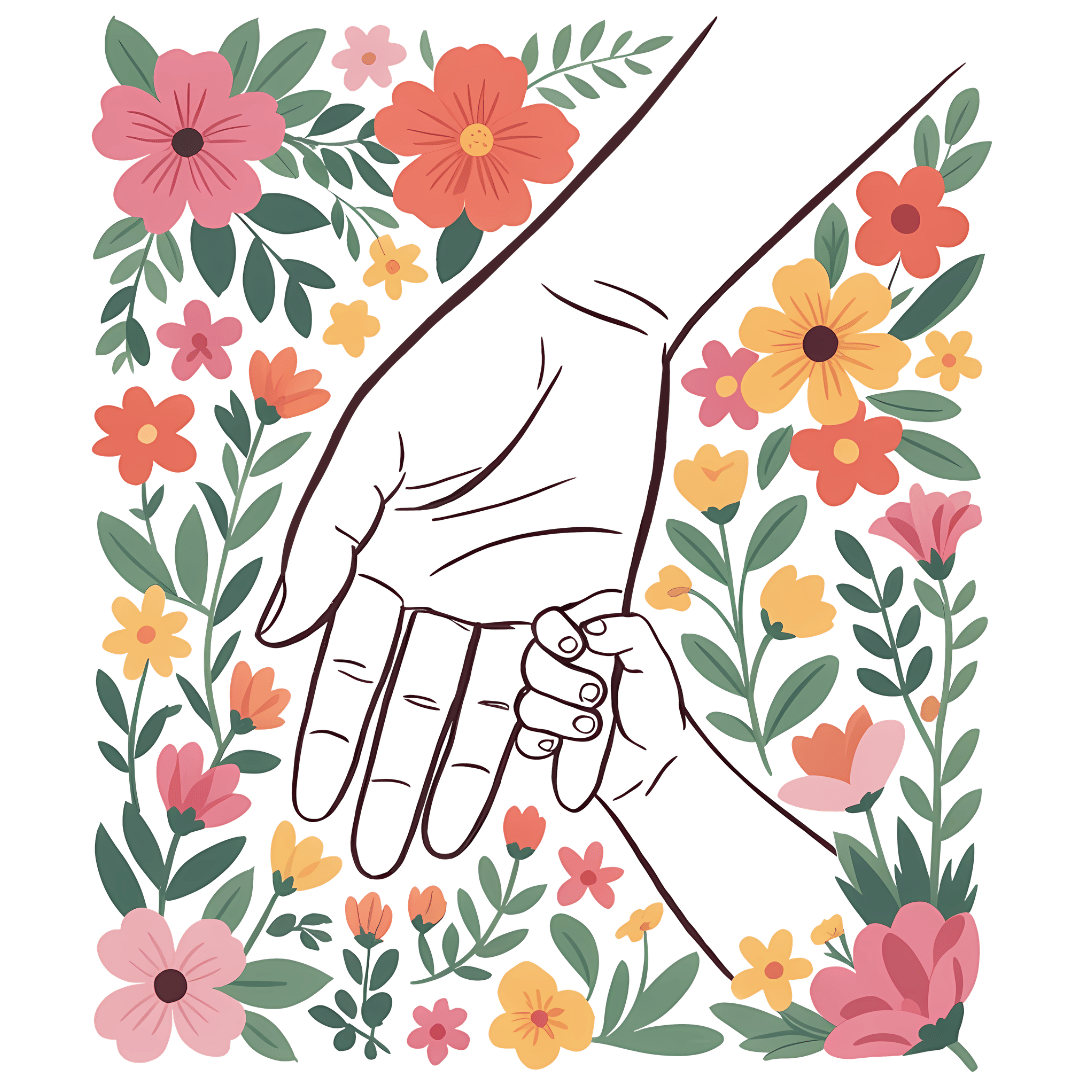 Illustriertes Bügelbild: Eine Erwachsenen- und eine Kinderhand halten sich, umrahmt von bunten Blumen in Pink, Orange und Gelb.