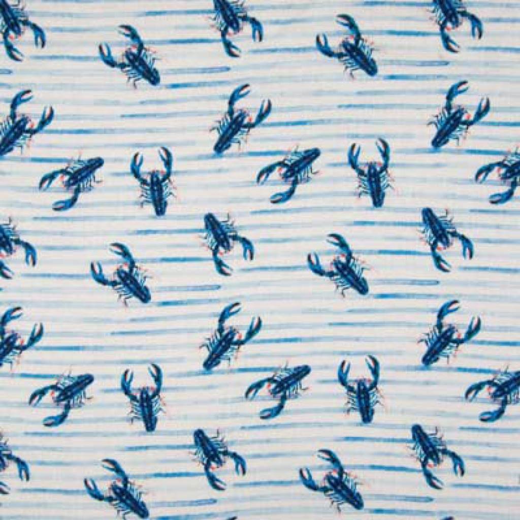 Musselin - Double Gauze - Mullstoff - Digitaldruck - Hummer und Streifen in Blau