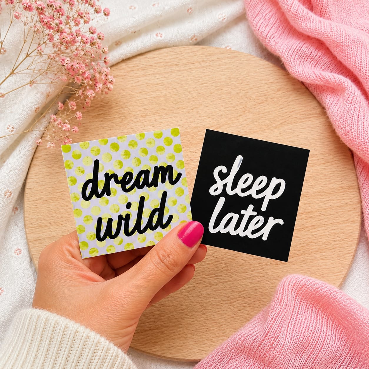 Quadratischer Flippatch Aufnäher von Cherry Picking mit Lentikular-Wackelbild-Effekt wechselnd zwischen dem schwarzen Schriftzug dream wild auf neongelb gepunktetem hellgrauen Hintergrund und dem weißen Schriftzug sleep later auf schwarzem Hintergrund.