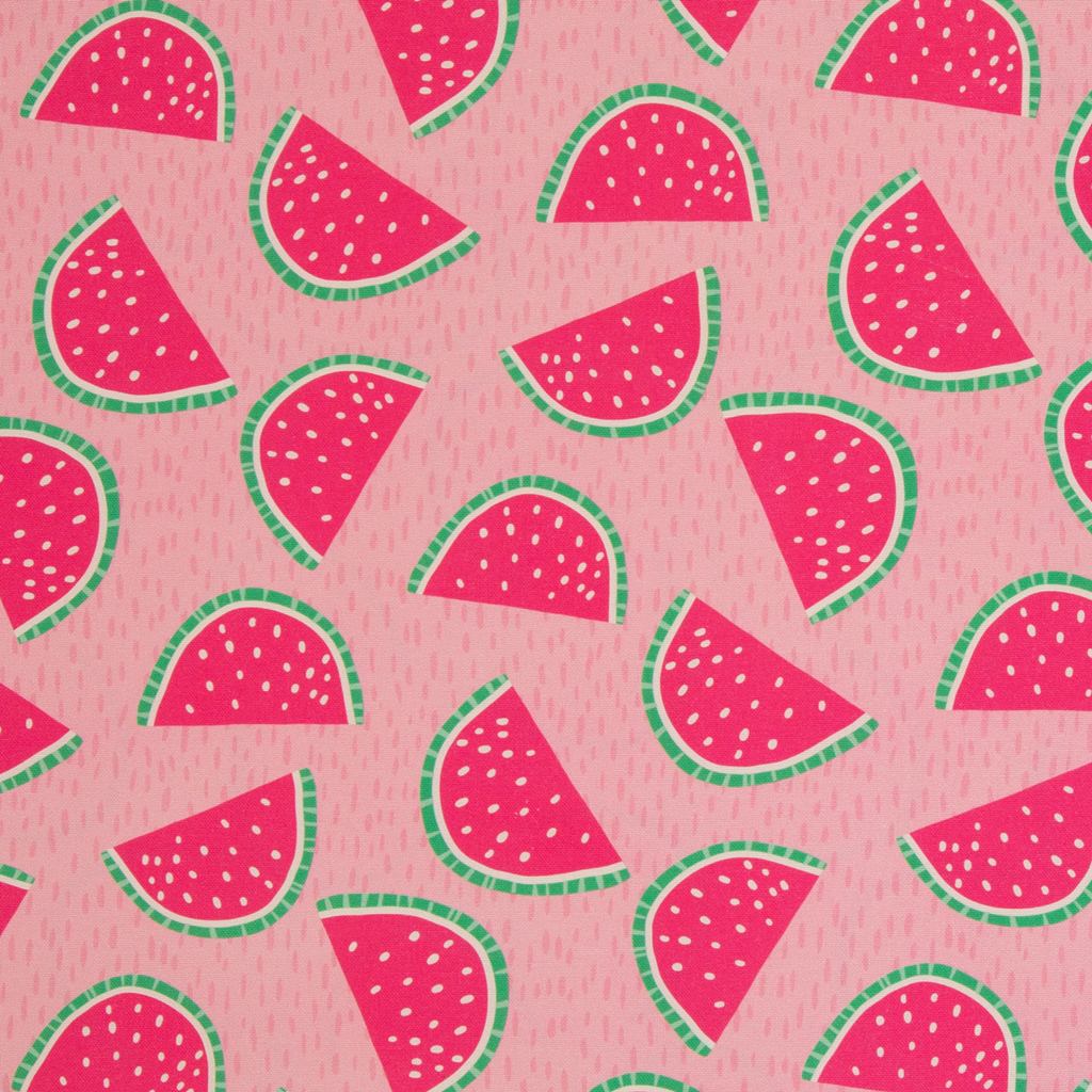 Swafing Canvas Jumble and Zest Melone von Bienvenido Colorido mit saftigen Wassermelonenscheiben auf rosa Hintergrund.