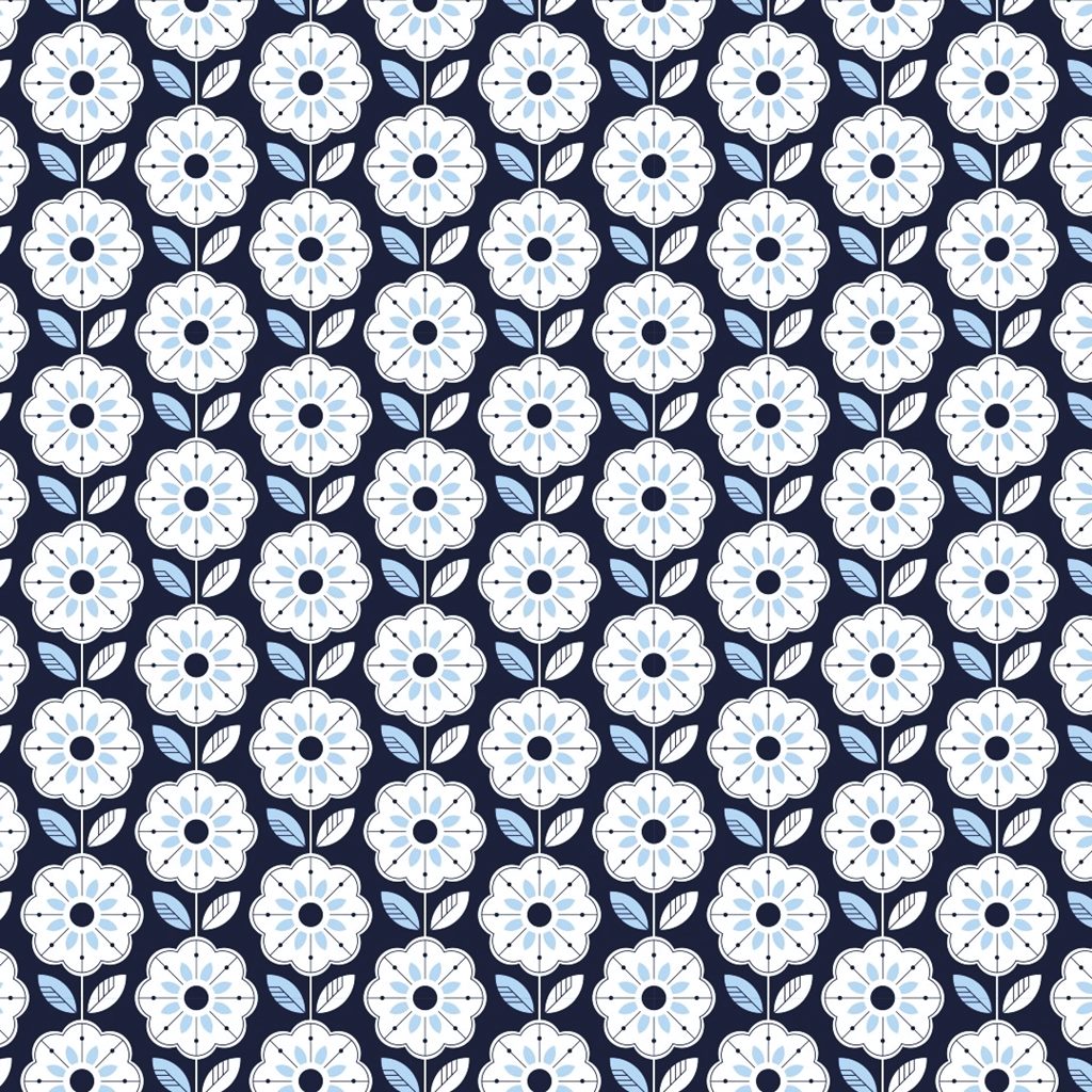 Webware - Baumwoll Stoff - Popeline - Retrostyle - Blumen in Hellblau auf Navy
