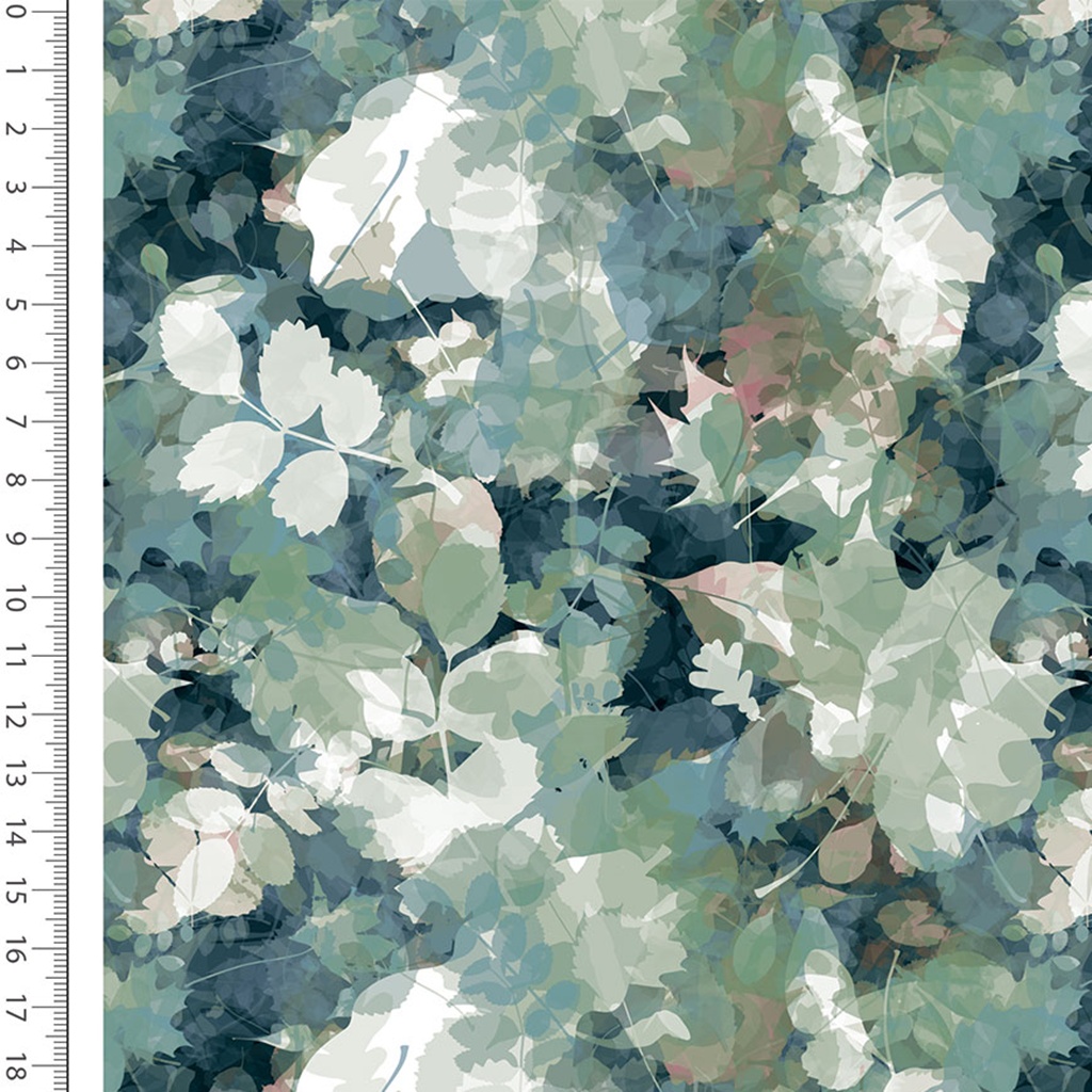 French Terry Digitaldruck Botanical – Hochwertiger Sommersweat mit malerischem Blättermuster in Salbei, Eukalyptus und Dunkelgrün.