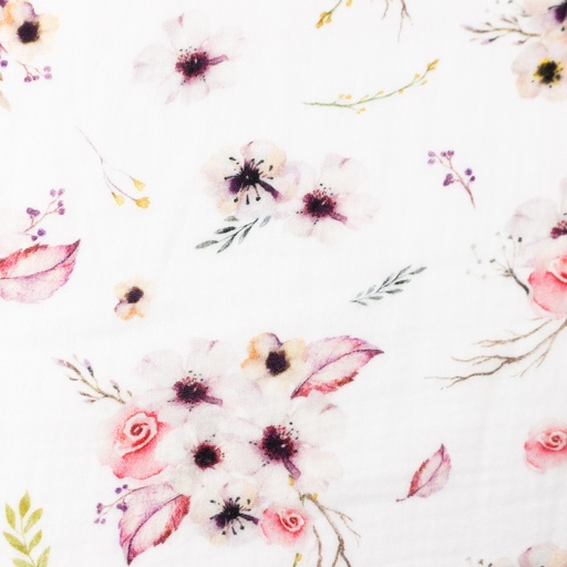 Musselin Stoff - Double Gauze - Mullstoff - Blumen auf Ecru Stoffreste 155cm