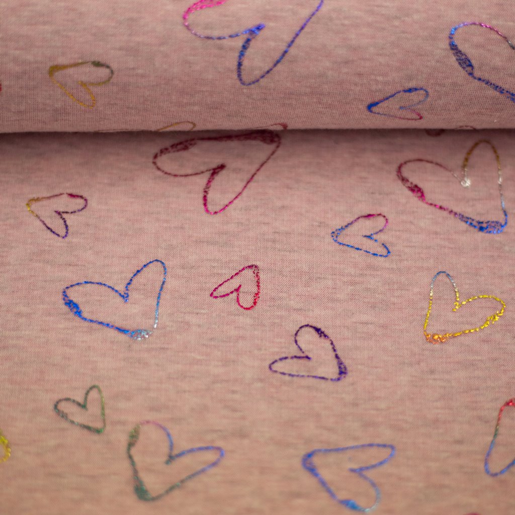 Alpenfleece - Sweat Stoff mit Plüschfell-Abseite - Swafing -  Farsund - Bunte Glitzerherzen Rosa