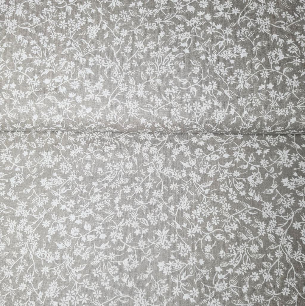 Baumwolle - Baumwoll Stoff - Digitaldruck  - Blumenranken in Weiß auf Beige Stoffrest 100cm