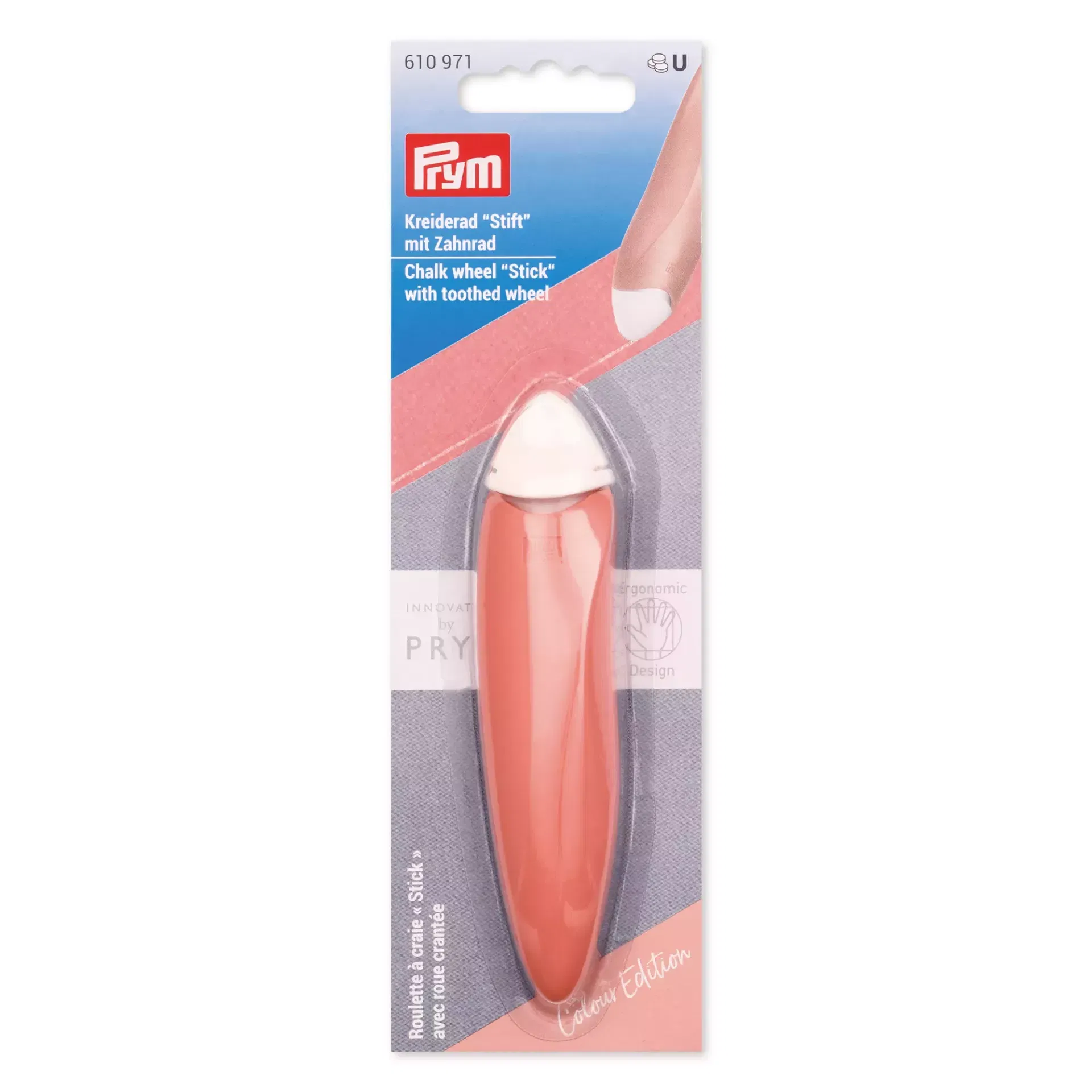 PRYM Ergonomic Kreiderad Stift in Aprikose, präzises Schneiderkreide-Rädchen für feine Linien auf Textilien, ergonomisch geformter Schaft für ermüdungsfreies Arbeiten.