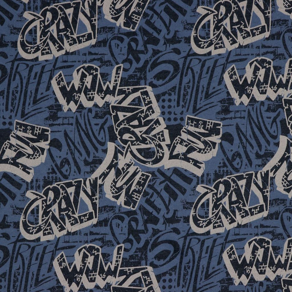 Sweat Stoff - Motivsweat mit Plüschabseite - angeraut - Graffiti in Indigo Melange Stoffrest 100cm