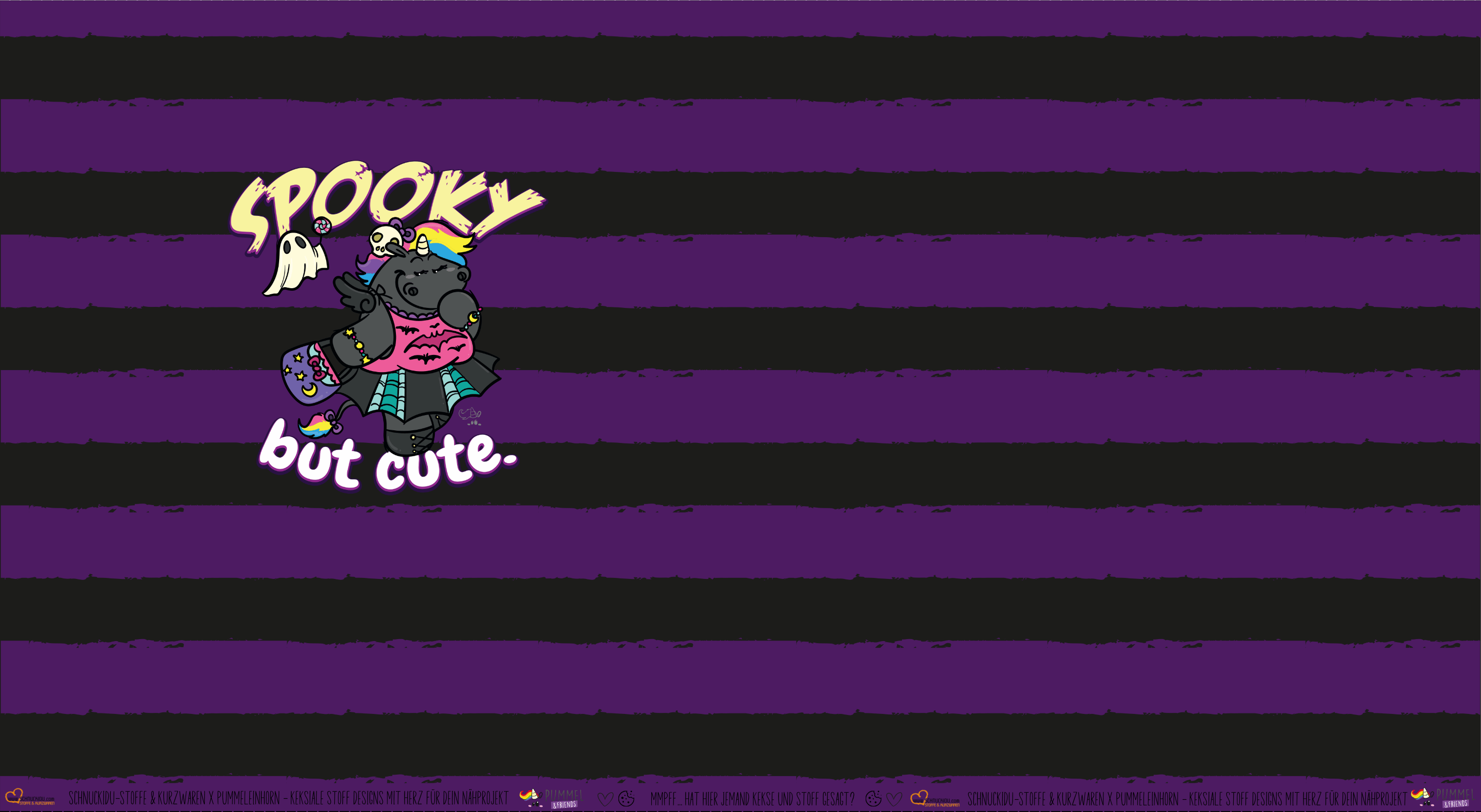 Pummeleinhorn Panel "Spooky but cute" in Schwarz-Lila – Halloween-Design mit Geist und Fledermaus-Kostüm auf Jersey oder French Terry, exklusive Vororder.