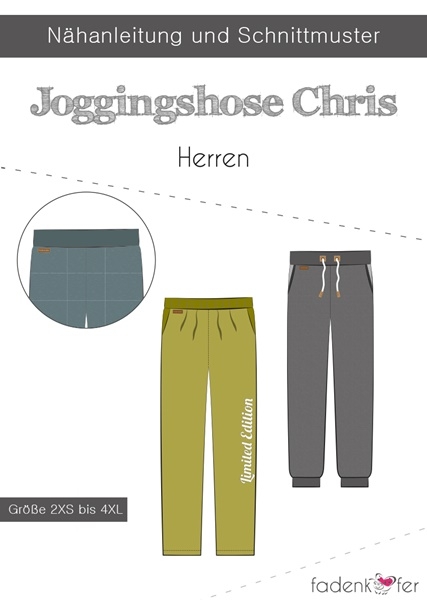 Papierschnittmuster Jogginghose Chris für Herren von Fadenkäfer – Inklusive farbigem DinA0-Bogen und bebilderter Anleitung für die Größen 44 bis 60.