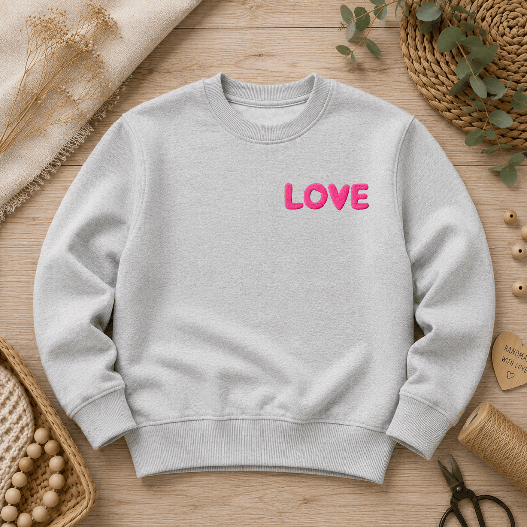 Flauschiges Flock-Patch mit dem Schriftzug LOVE in Neon-Pink aufgebügelt auf der Brust eines grauen Sweatshirts.