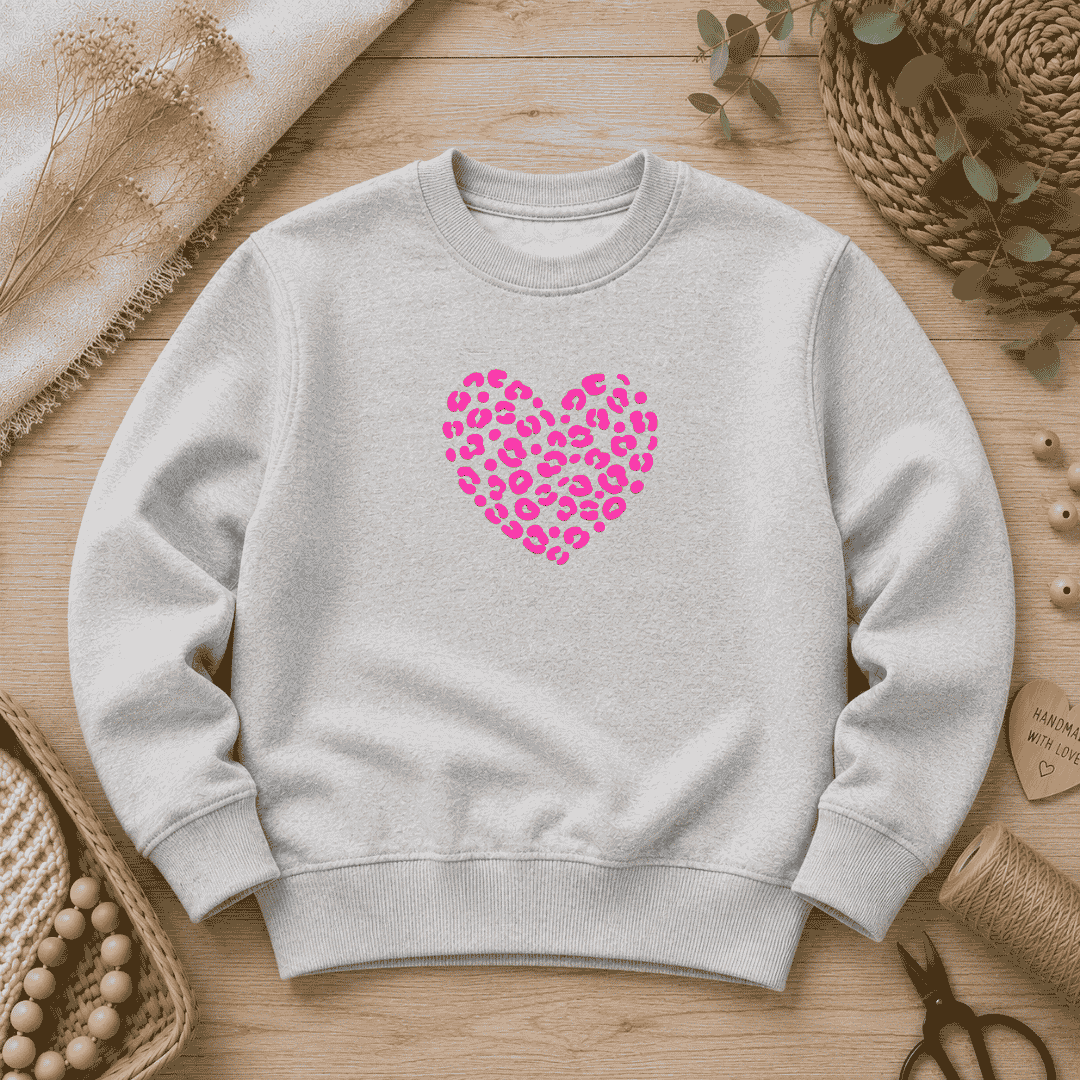 Flock-Patch zum Aufbügeln Leoprint Herz in Neon Pink mit samtiger Oberfläche auf einem hellgrauen Pullover.