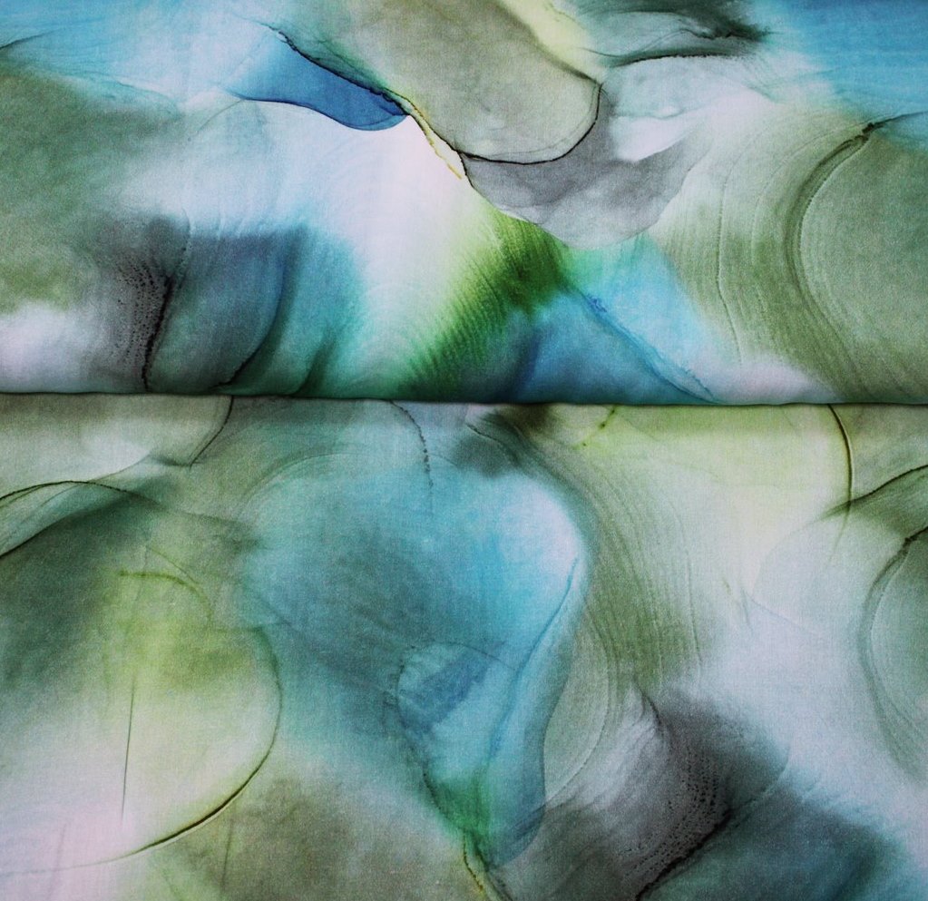 Viskose - Viskosewebware - Digitaldruck - Aquarell - Grün- und Blautöne - Reststück 95cm x 140cm