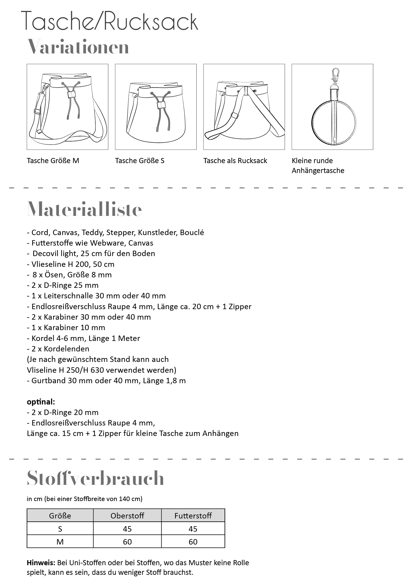 Papierschnittmuster Fadenkäfer - Tasche/Rucksack