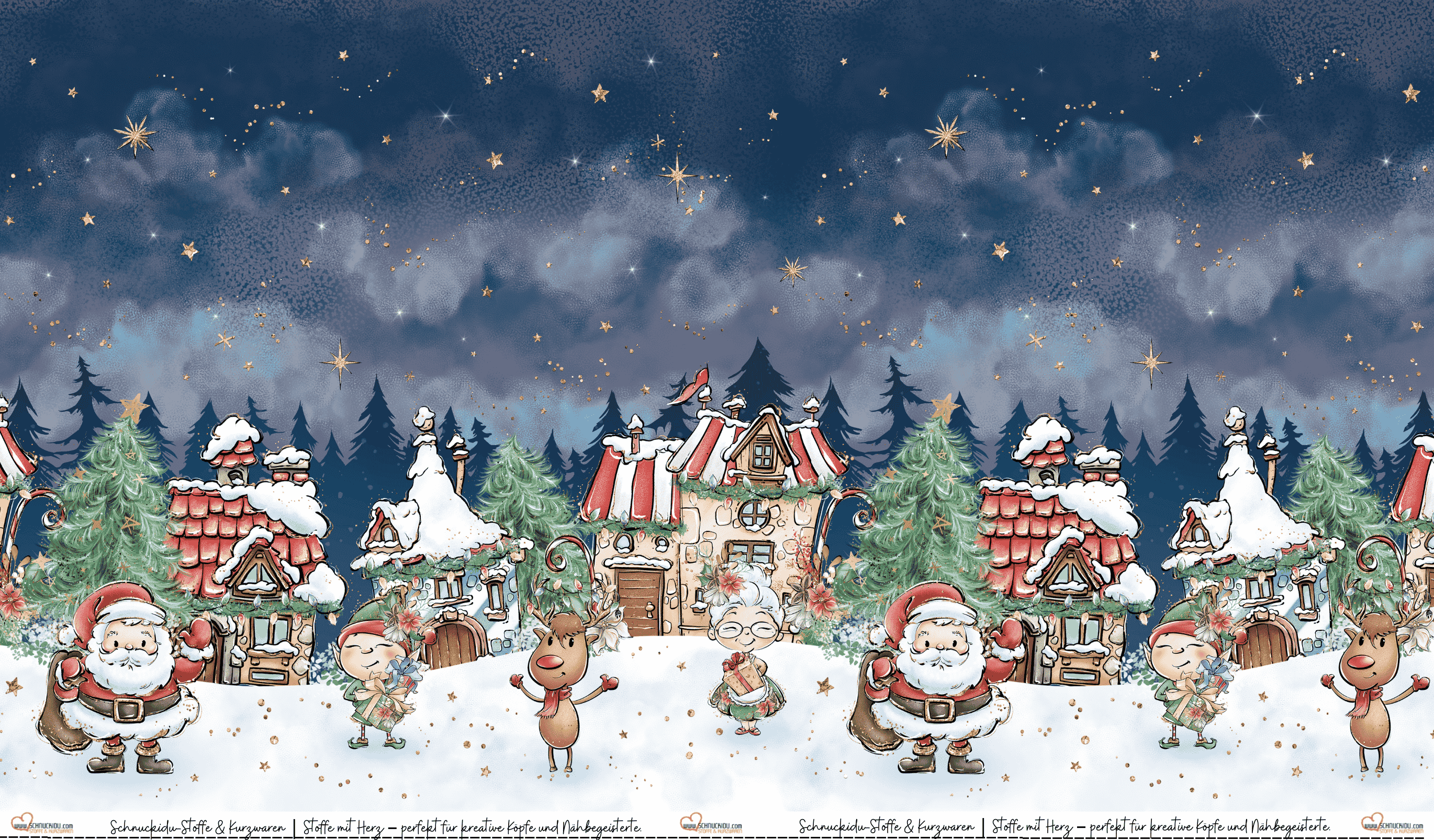 Schnuckidu Eigendesign French Terry Panel Weihnachtsmann & Freunde mit Weihnachtsmann, Elfe, Rentier und Frau Weihnachtsmann in verschneiter Dorflandschaft unter Sternenhimmel.